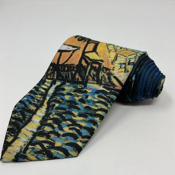 Vintage 1994 Ralph Marlin Men Novelty Art Tie Van Gogh Sidewalk Cafe at Night - Picture 1 of 6